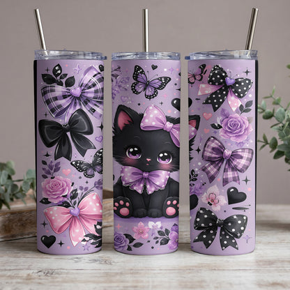 Three tumblers with a purple background, featuring a black kitten, bows, roses, and butterflies.
