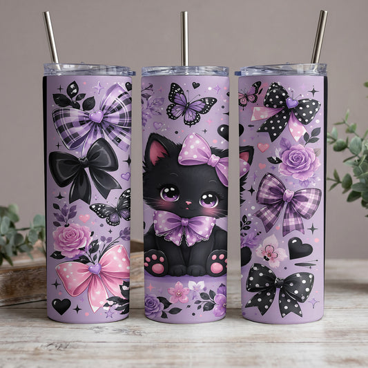 Three tumblers with a purple background, featuring a black kitten, bows, roses, and butterflies.
