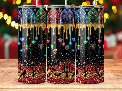 Three tumblers with stained glass, spiders, skulls, bats, and candelabras on a glittery background.