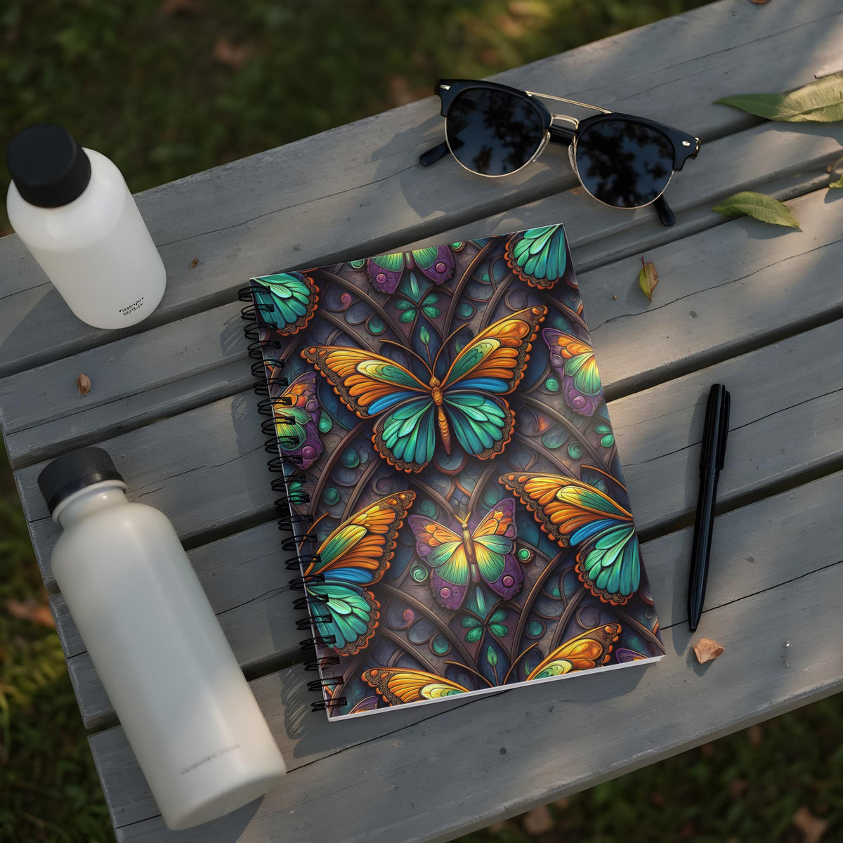 Spiral notebook with colorful butterflies and stained-glass pattern.