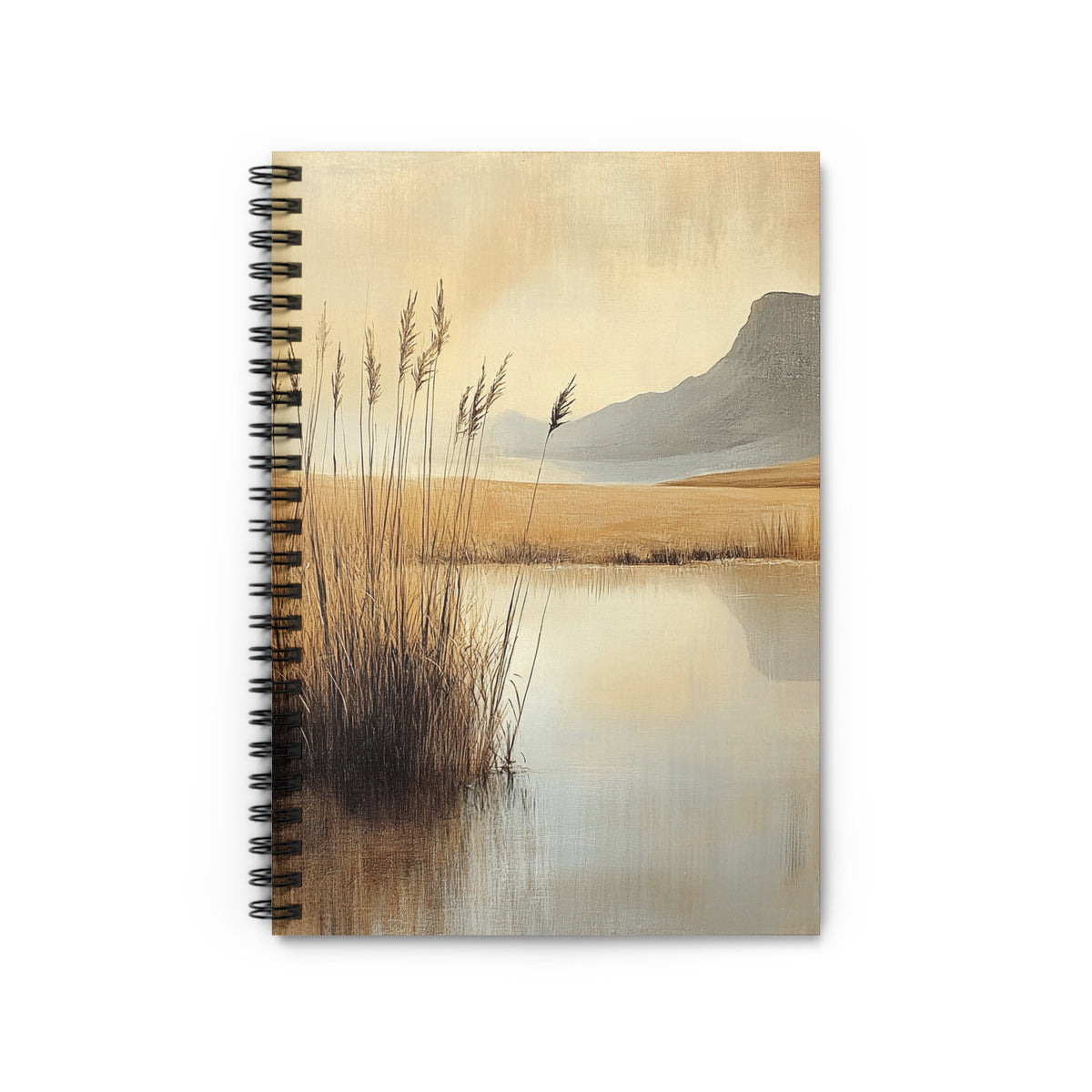 Spiral bound notebook with a painted landscape of reeds and mountains.