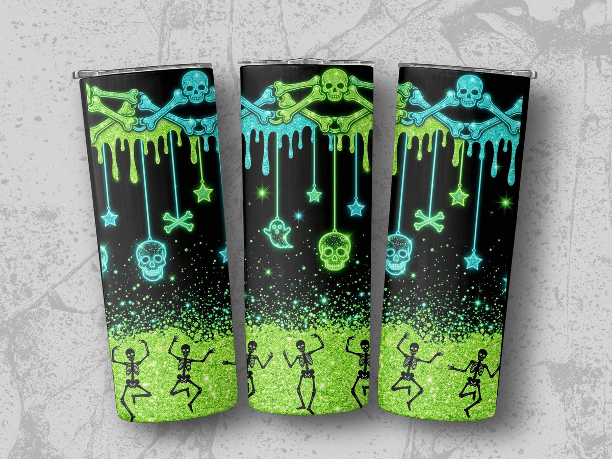 Three tumblers with a black background featuring a neon green and blue Halloween design with skulls and skeletons.