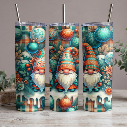 Three tumblers with a Christmas gnome design featuring plaid, ornaments, and snow.