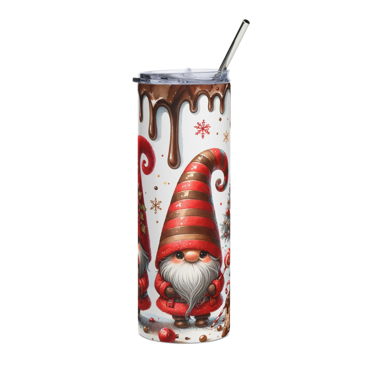 White tumbler with dripping chocolate, gnomes, and snowflakes.