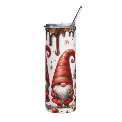 White tumbler with dripping chocolate, gnomes, and snowflakes.