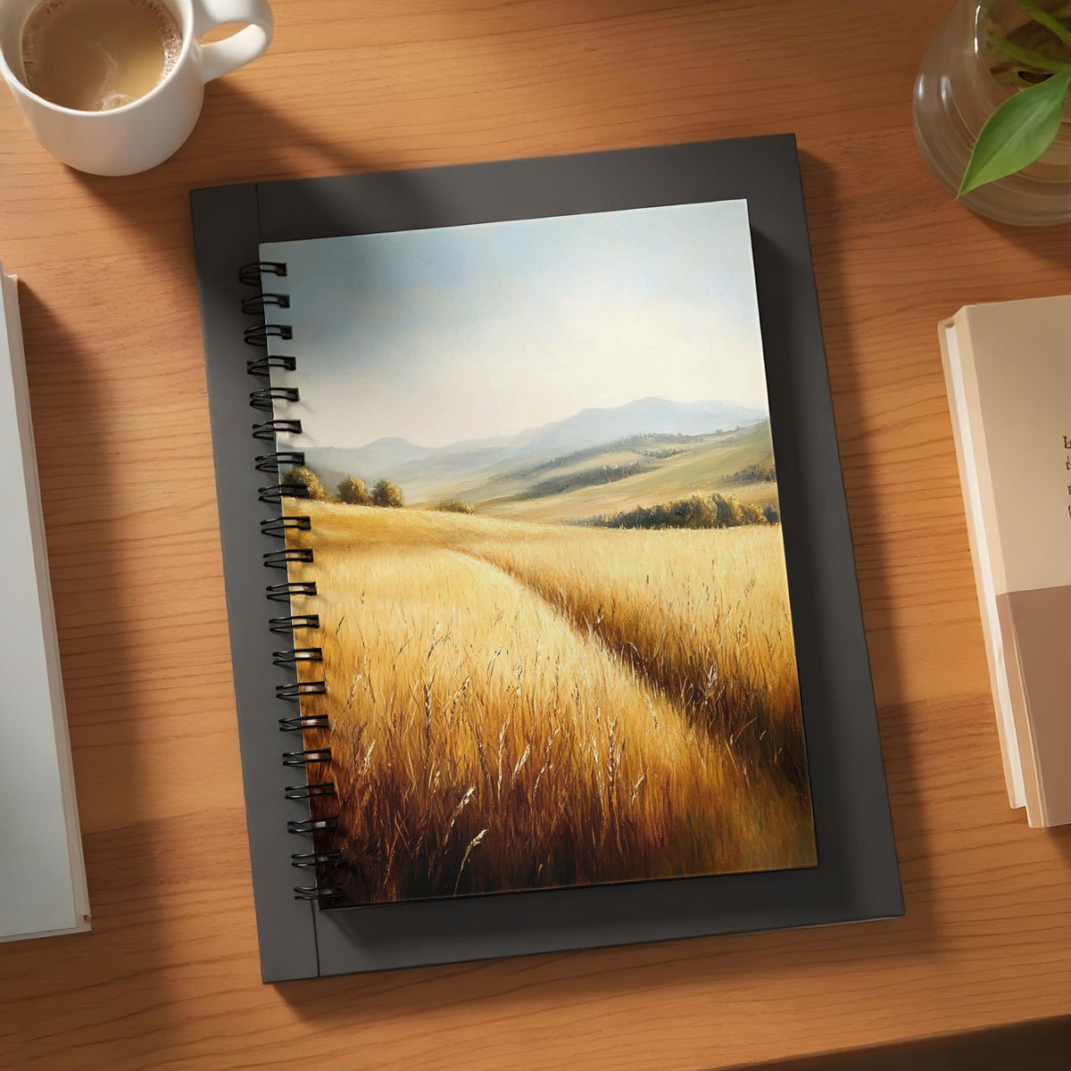 Notebook with spiral binding featuring a painting of a golden wheat field and rolling hills.