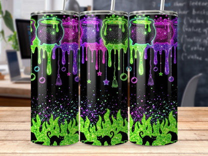 Three tumblers with black cats, witch hats, and cauldrons with dripping green and purple glitter.