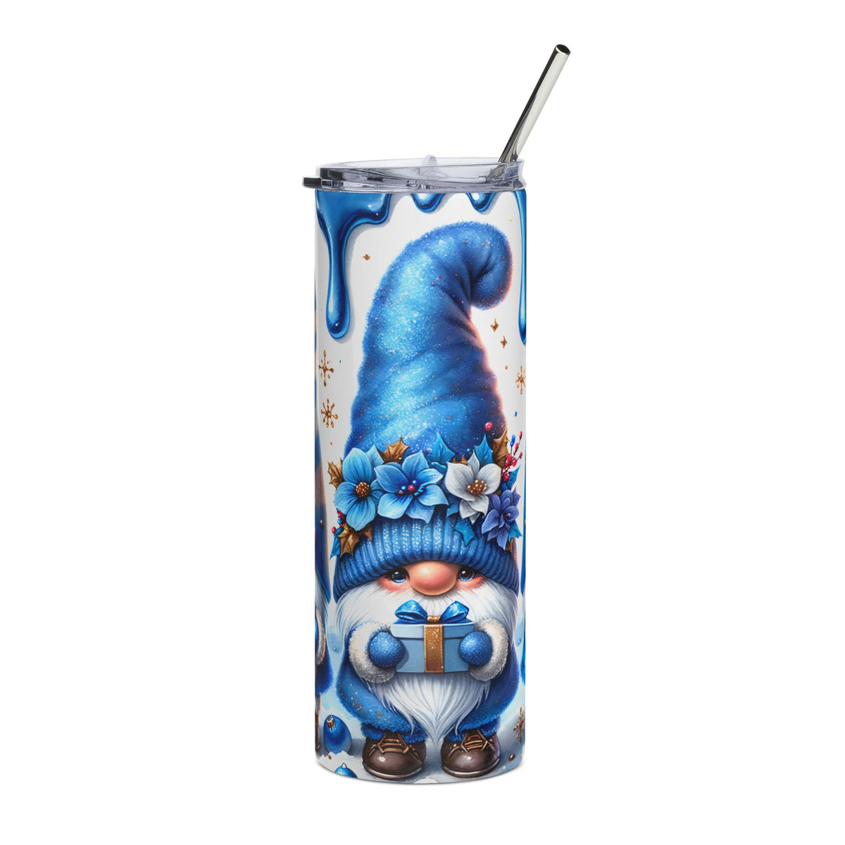 Tumbler with blue gnome holding a gift, wearing a floral hat and blue winter coat.