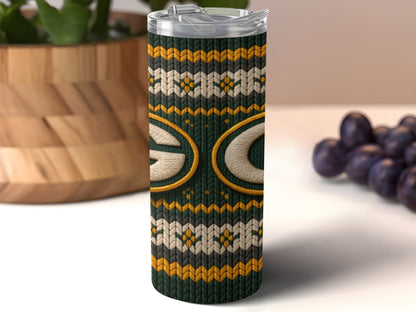 Green Bay Packers tumbler with a knitted pattern and iconic logo