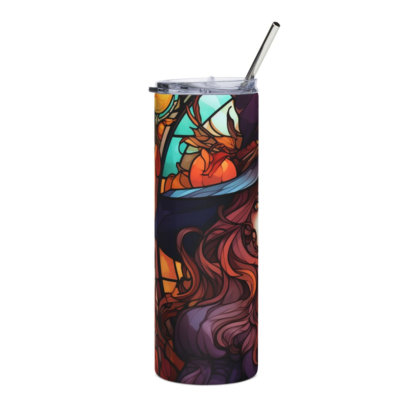 Tall tumbler with witch and pumpkin stained glass design, includes metal straw.