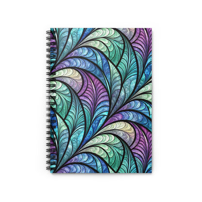 Spiral bound notebook with colorful stained-glass feather pattern.