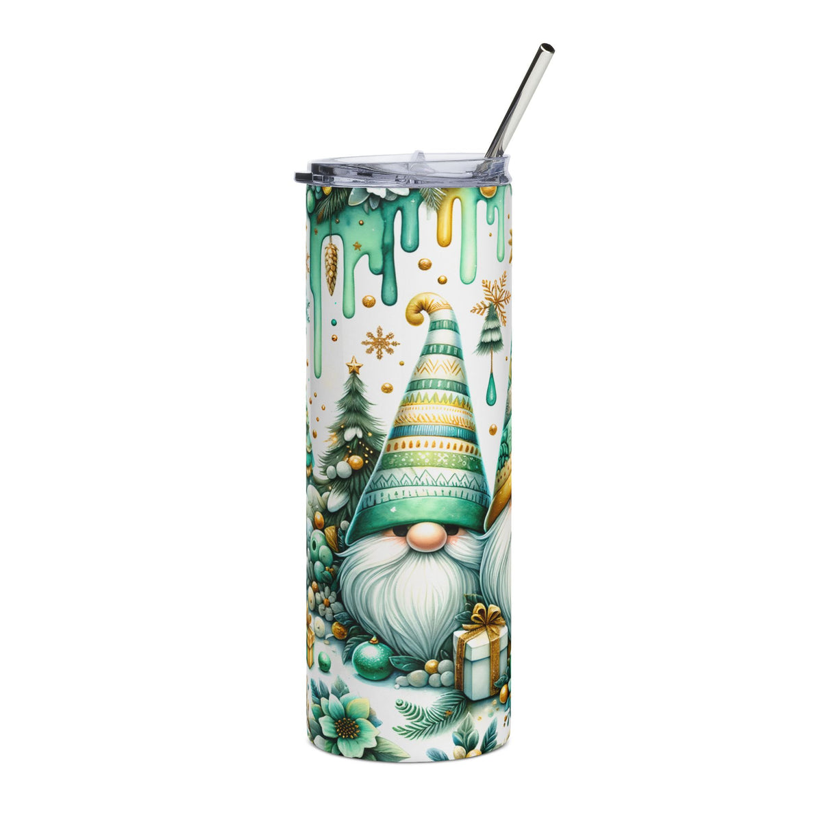 Tumbler with Christmas gnomes, trees, gifts, and green drips.