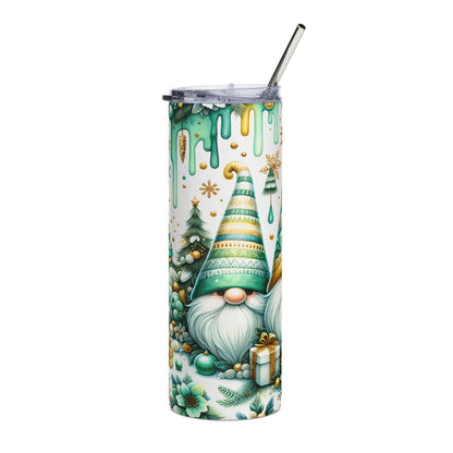 Tumbler with Christmas gnomes, trees, gifts, and green drips.