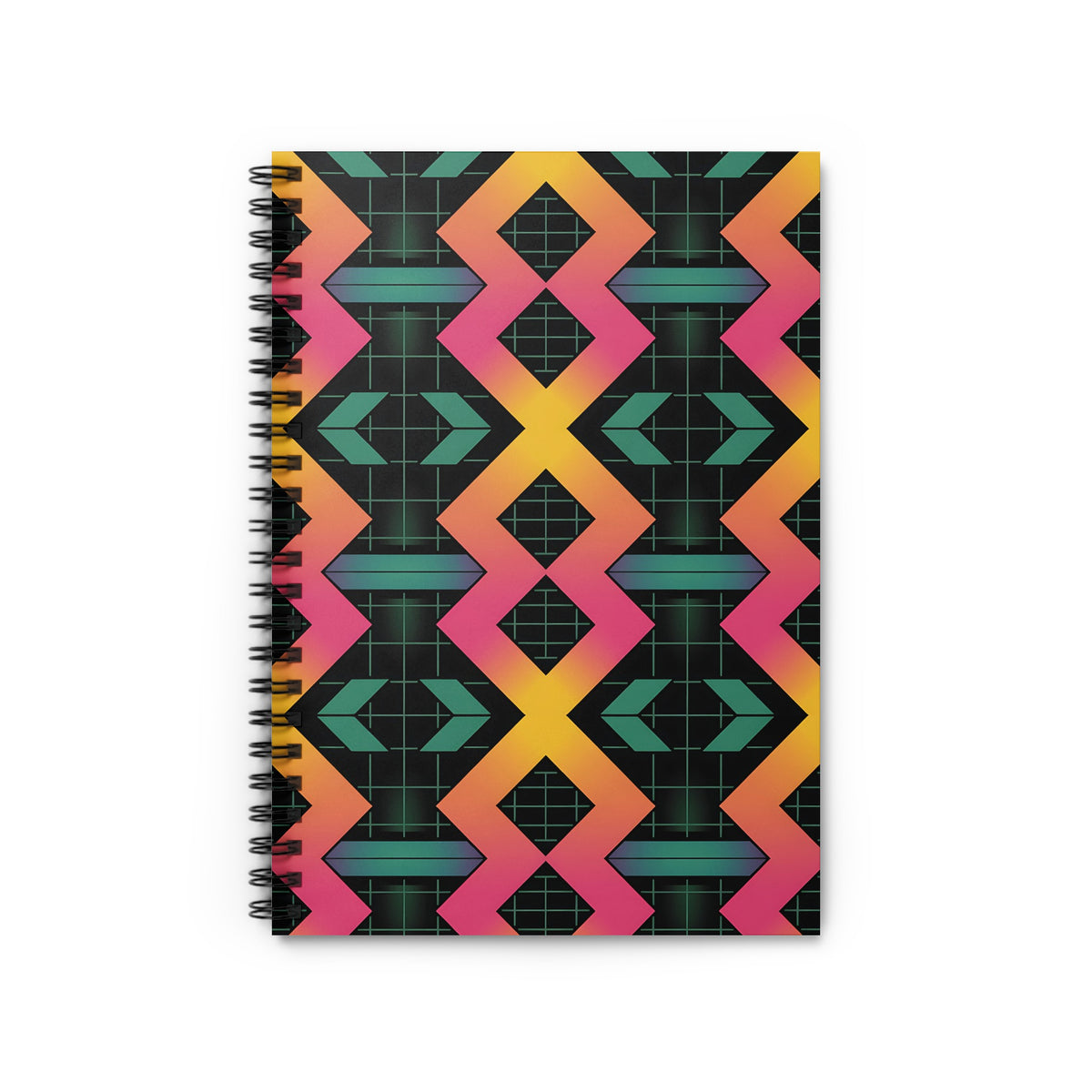 Spiral bound notebook with repeating chevron and arrow pattern in vibrant colors.