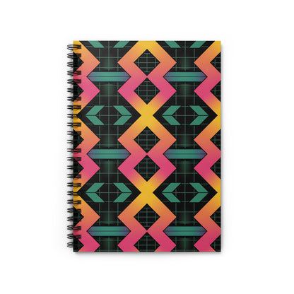 Spiral bound notebook with repeating chevron and arrow pattern in vibrant colors.