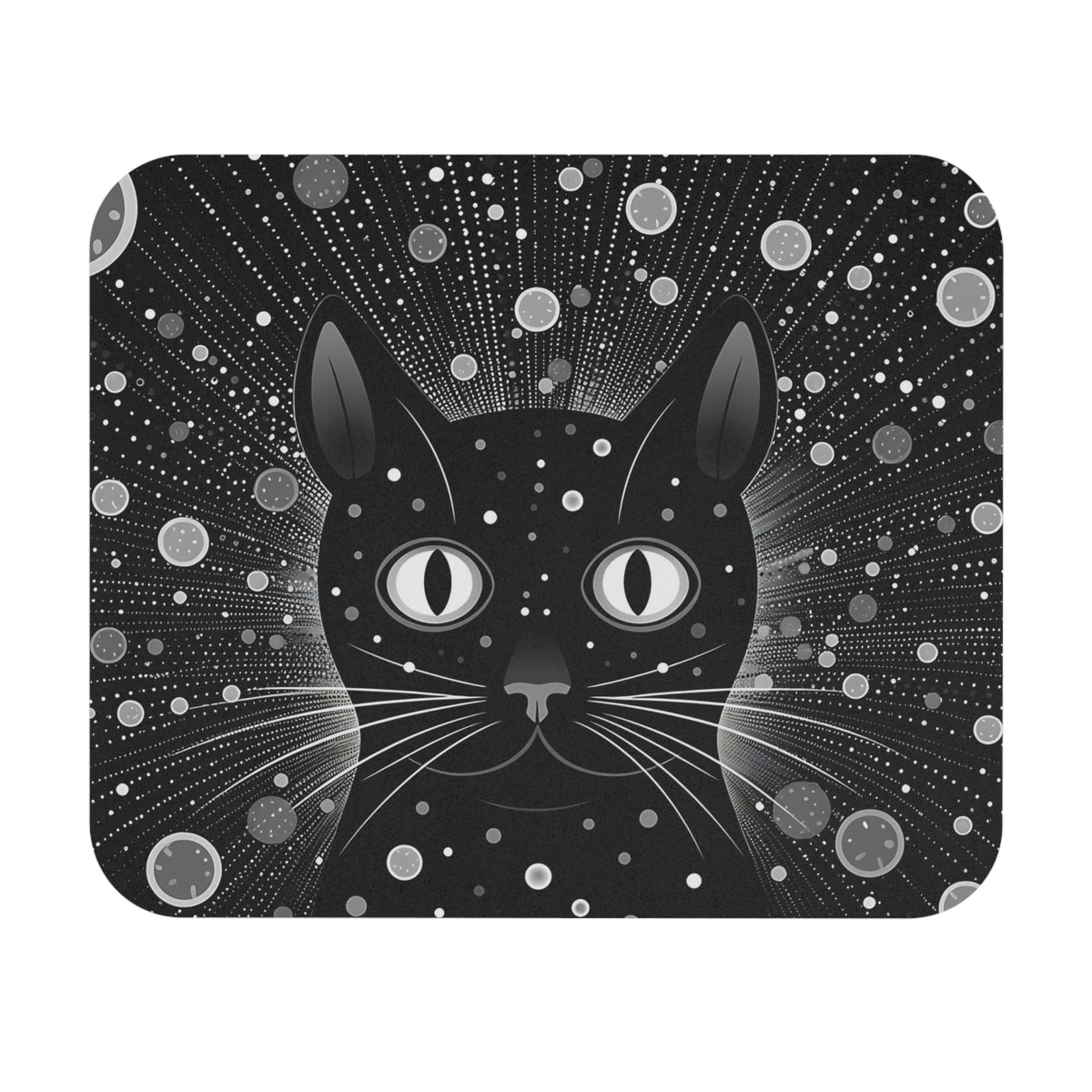 Black cat face with white dots and circles on a black, starburst background.