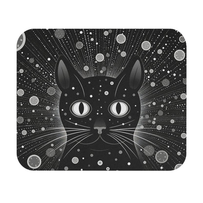 Black cat face with white dots and circles on a black, starburst background.
