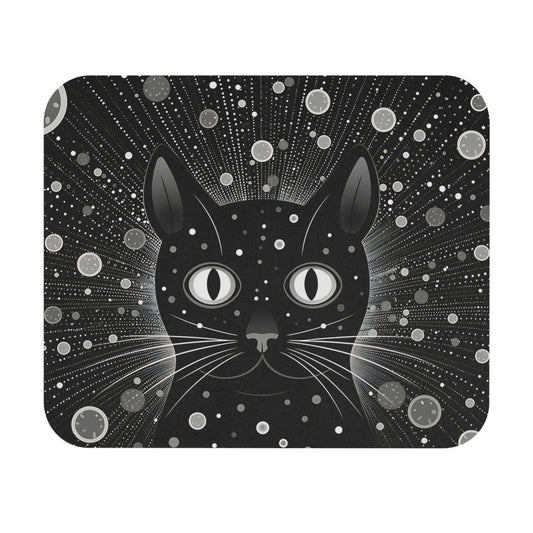 Black cat face with white dots and circles on a black, starburst background.