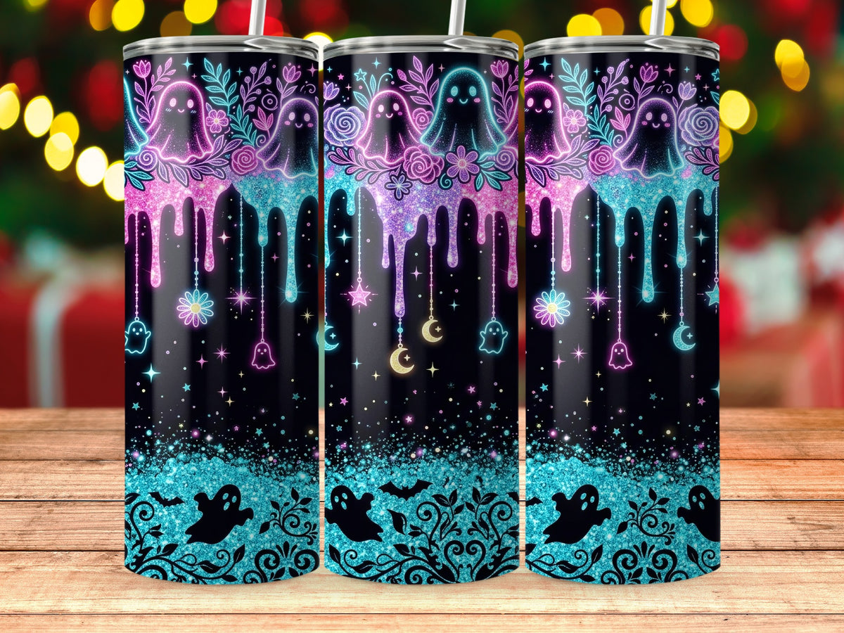Tumbler with cute neon ghosts, flowers, dripping glitter, and Halloween motifs.