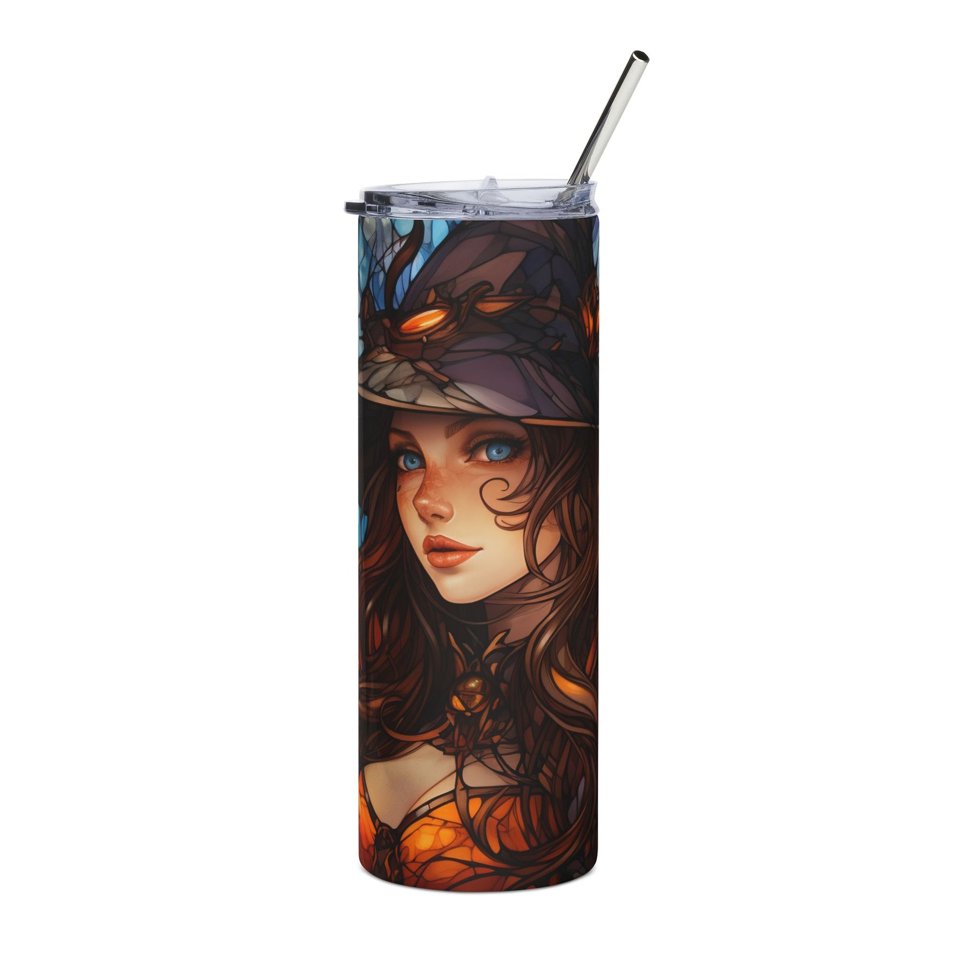 Tumbler with stained glass art of a woman wearing a witch hat and an orange outfit.