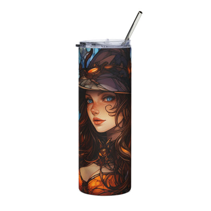 Tumbler with stained glass art of a woman wearing a witch hat and an orange outfit.