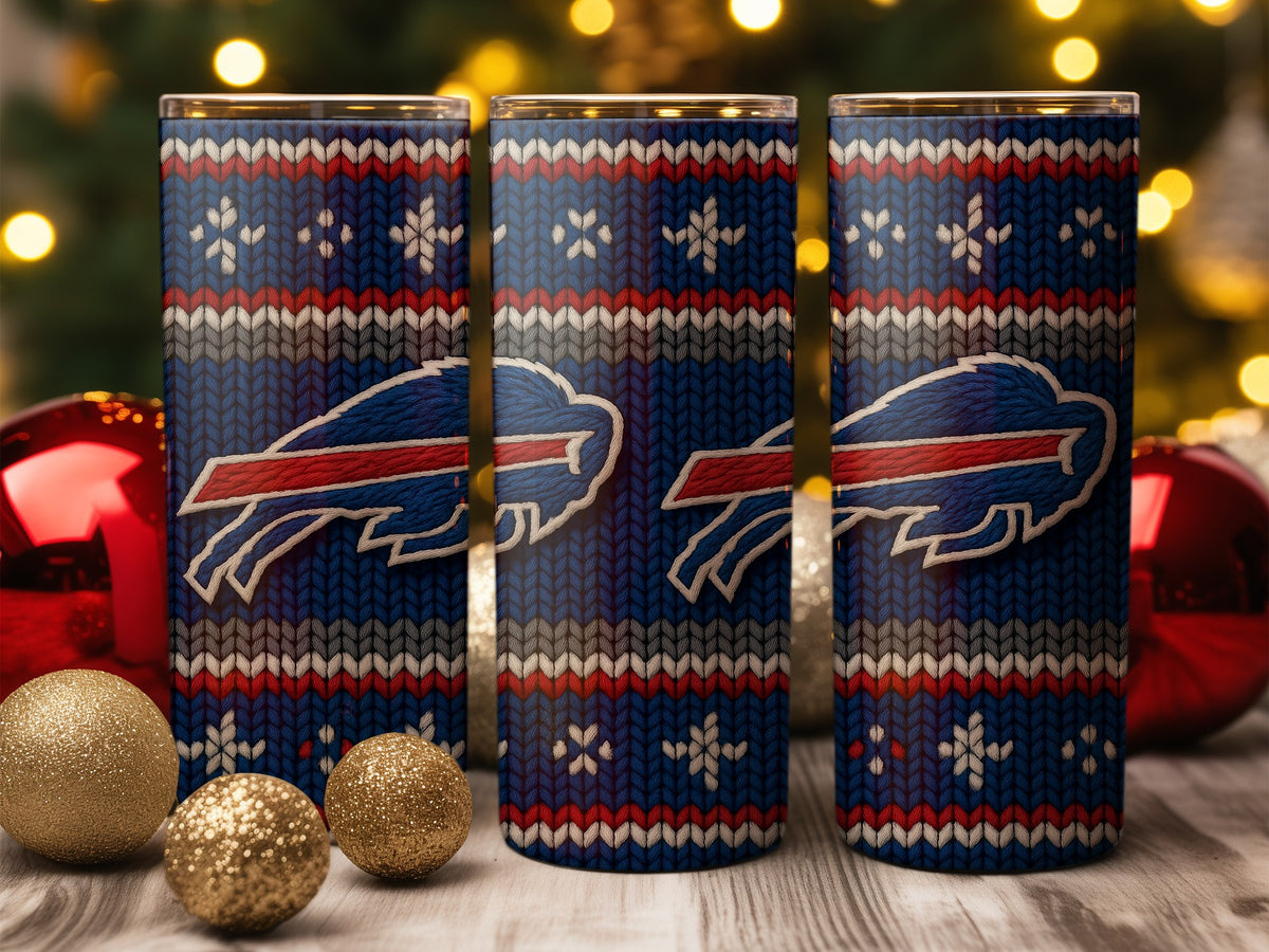 Buffalo Bills tumblers with snowflake and knit sweater design.