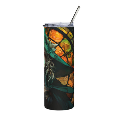 Tumbler with a witch and stained glass pattern, including a straw.