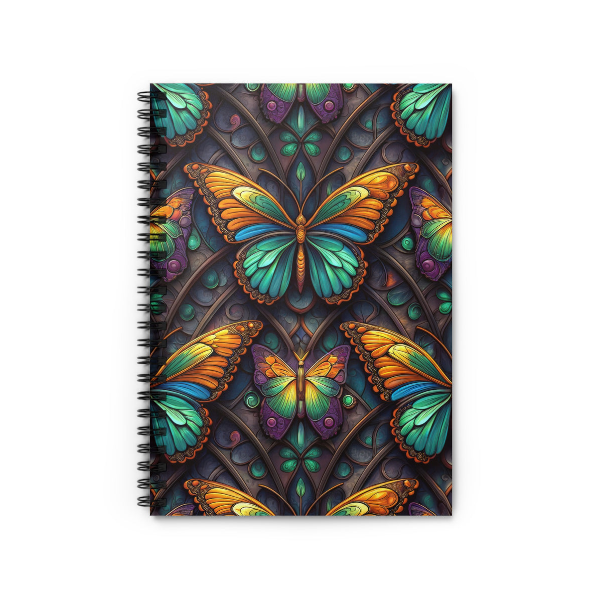 Spiral-bound notebook with a stained-glass butterfly and mosaic pattern design.