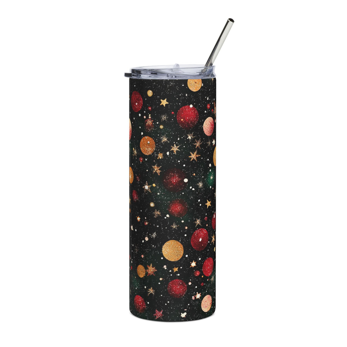 Black tumbler with festive red and gold ornaments and stars pattern.