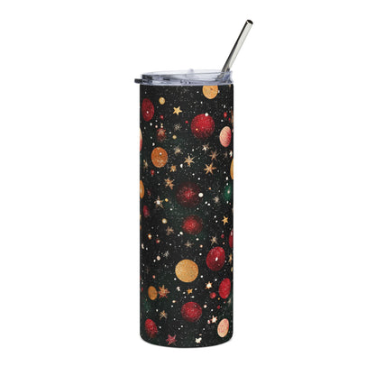 Black tumbler with festive red and gold ornaments and stars pattern.
