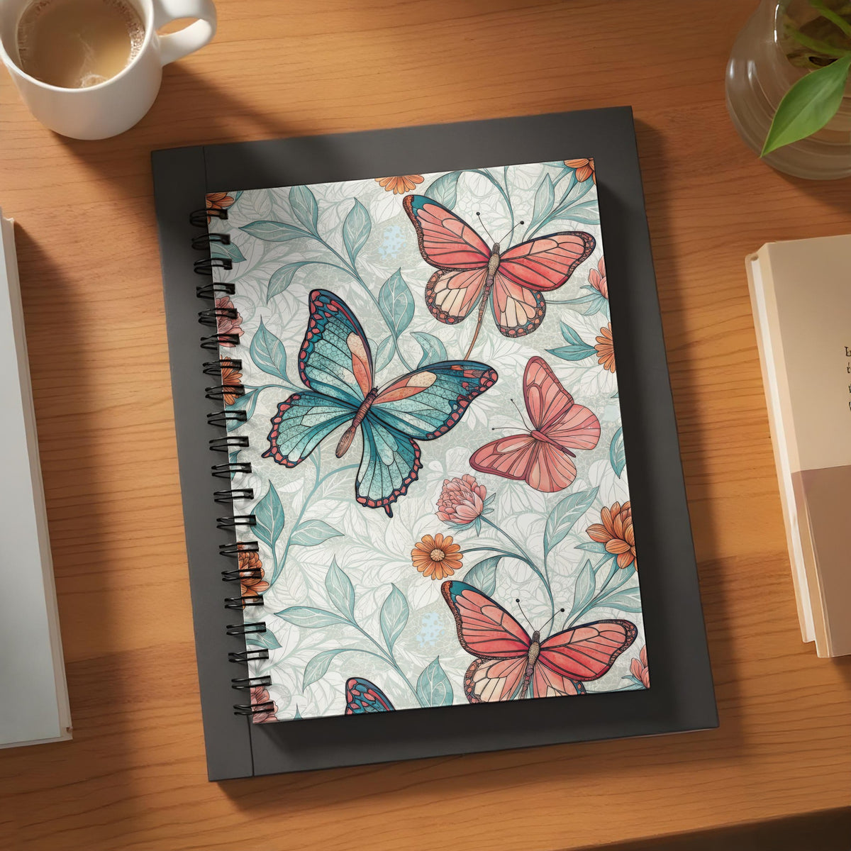 Notebook with a floral pattern and butterflies, on a wooden desk.