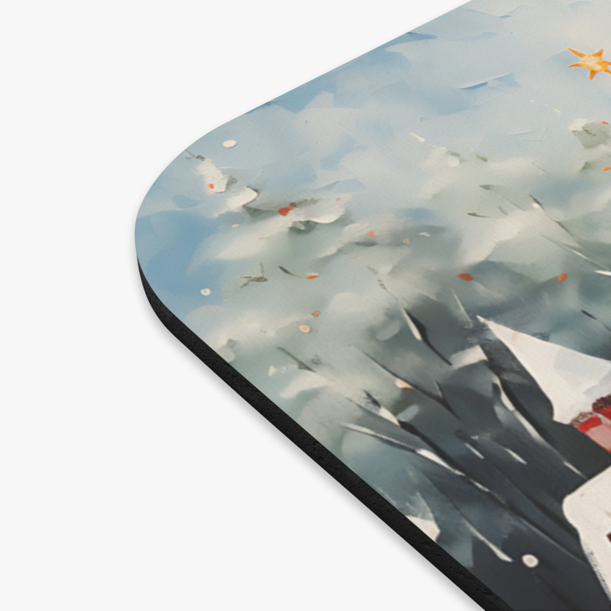 Abstract digital art mousepad with blue sky and dark foliage.