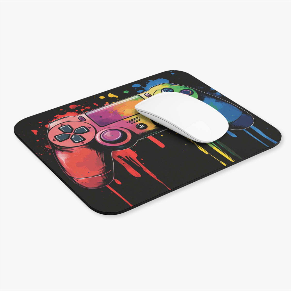 Mousepad with colorful paint splatter and gaming controller graphic.