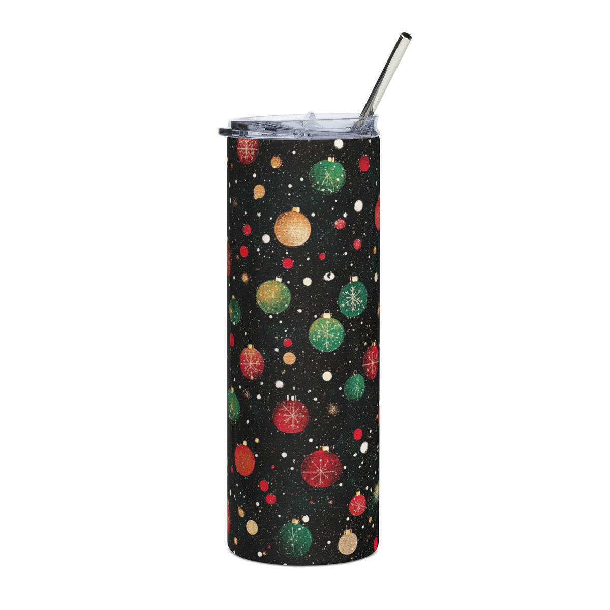Tall tumbler with lid and straw, featuring a dark background with red, green, and gold Christmas ornaments.
