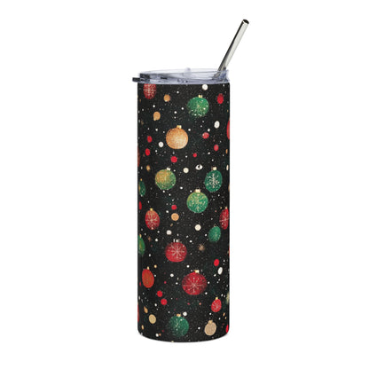 Tall tumbler with lid and straw, featuring a dark background with red, green, and gold Christmas ornaments.