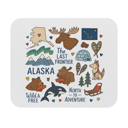 Alaska map, moose, aurora, mountains, igloo, sled, dog, bear, orca, fish, and text.