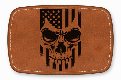 Brown leather patch featuring a black laser-engraved design of a skull blended with the American flag.