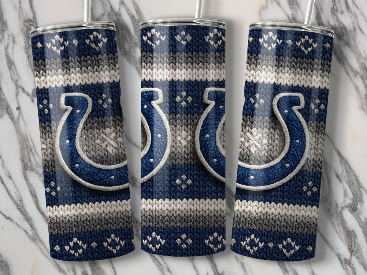 Three tumblers with a blue, grey, and white knit pattern and a horseshoe logo.