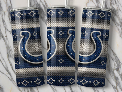 Three tumblers with a blue, grey, and white knit pattern and a horseshoe logo.