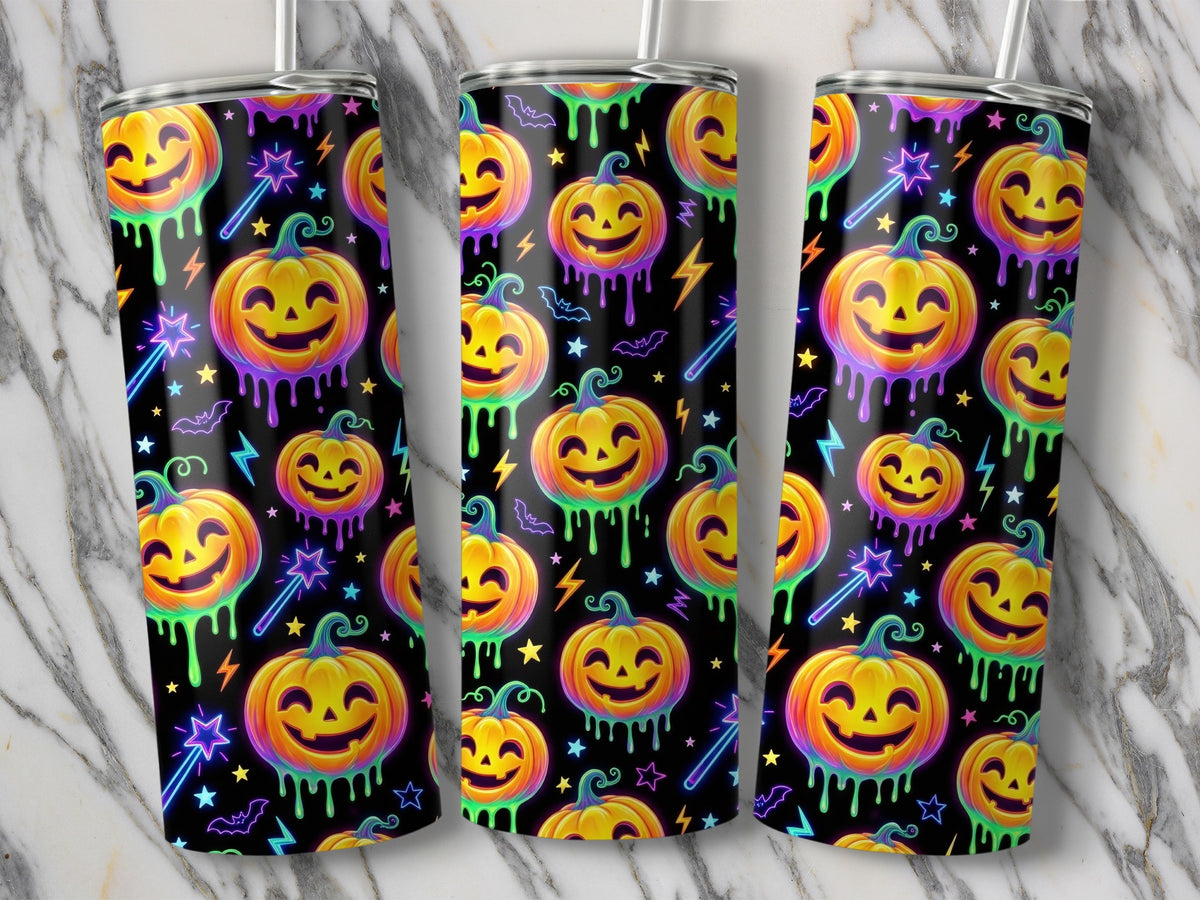 Halloween tumblers with a black background featuring glowing jack-o'-lanterns and neon stars.