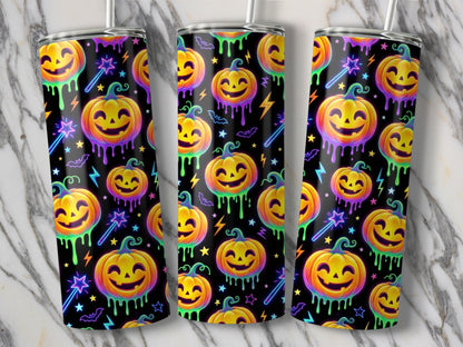 Halloween tumblers with a black background featuring glowing jack-o'-lanterns and neon stars.