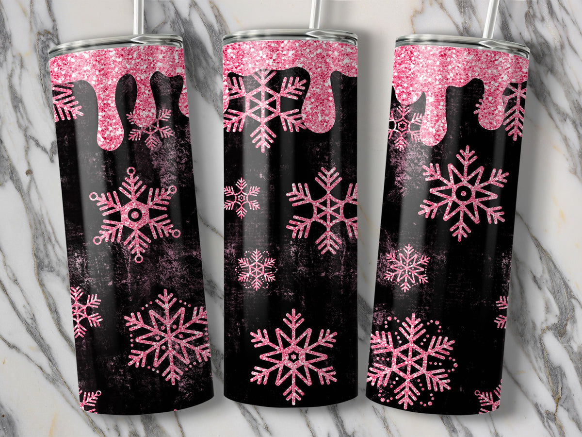 Three black tumblers with pink glitter drips and snowflake designs.