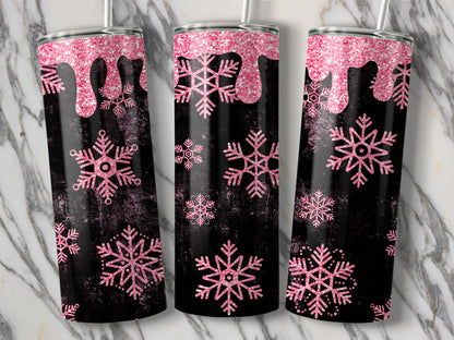 Three black tumblers with pink glitter drips and snowflake designs.
