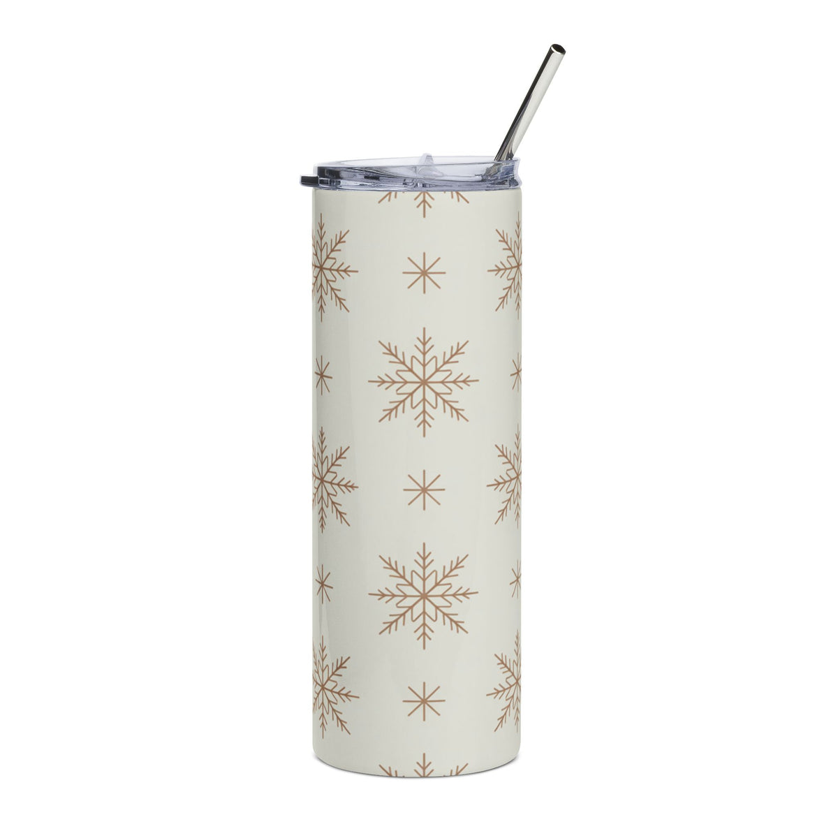 White tumbler with a tan snowflake pattern and a silver straw.