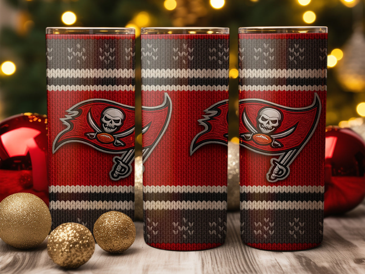 Three Buccaneers tumblers with red, gray, and white knitted patterns and logos.