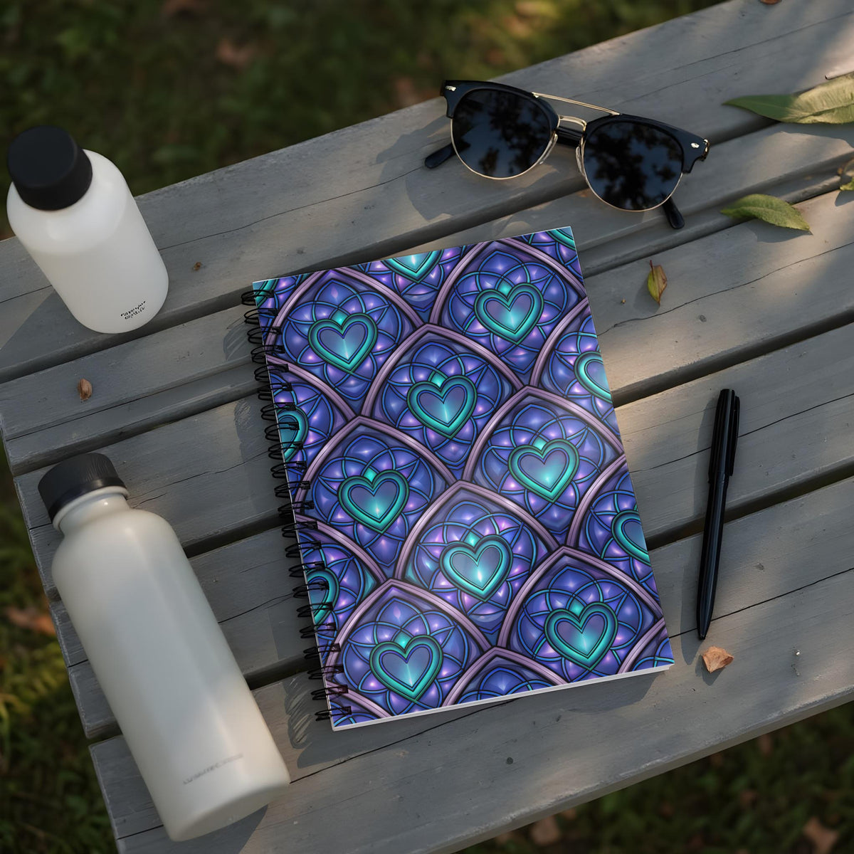 Spiral notebook with a purple and teal heart pattern, lying on a wooden bench.