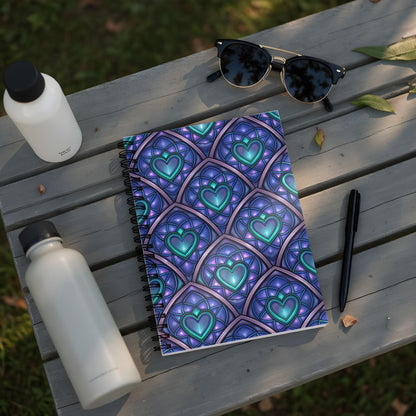 Spiral notebook with a purple and teal heart pattern, lying on a wooden bench.