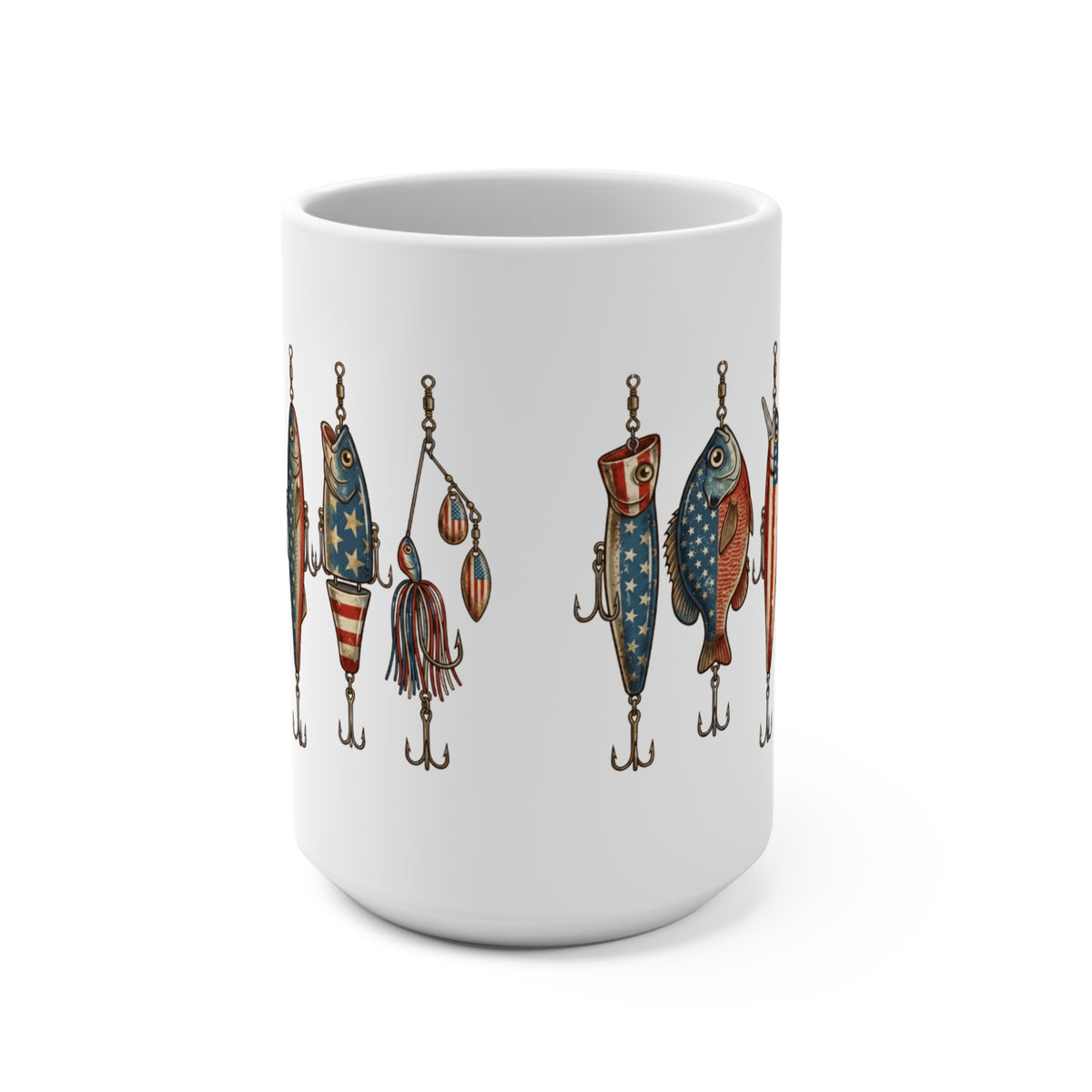 White mug with a repeating pattern of American flag-themed fishing lures and hooks.