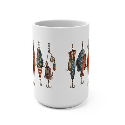 White mug with a repeating pattern of American flag-themed fishing lures and hooks.