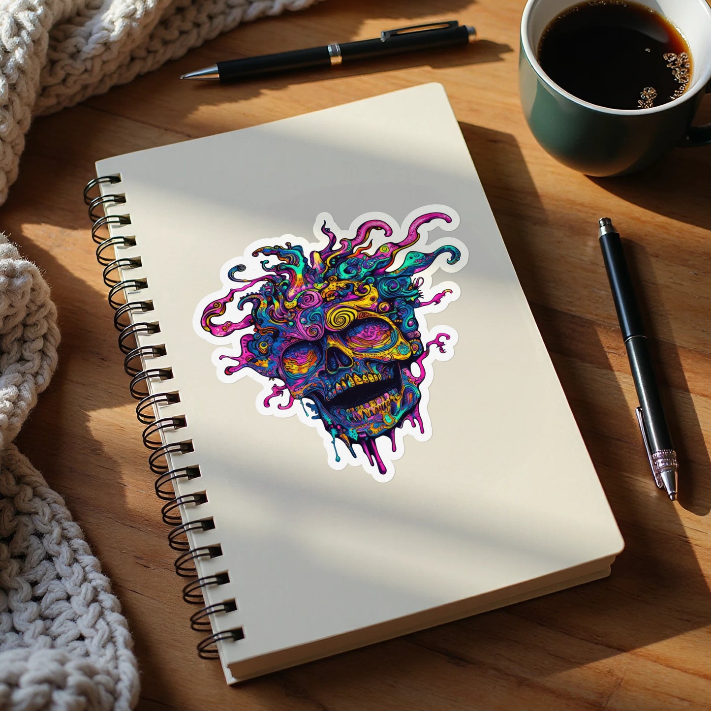 Colorful abstract skull sticker on a spiral notebook with pens and coffee.